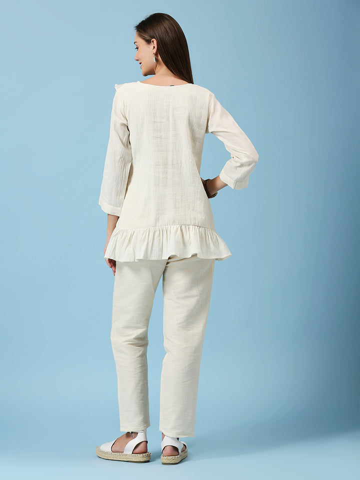 Embroidered Round Neck Top & Pant Khadi Cotton Co-Ords