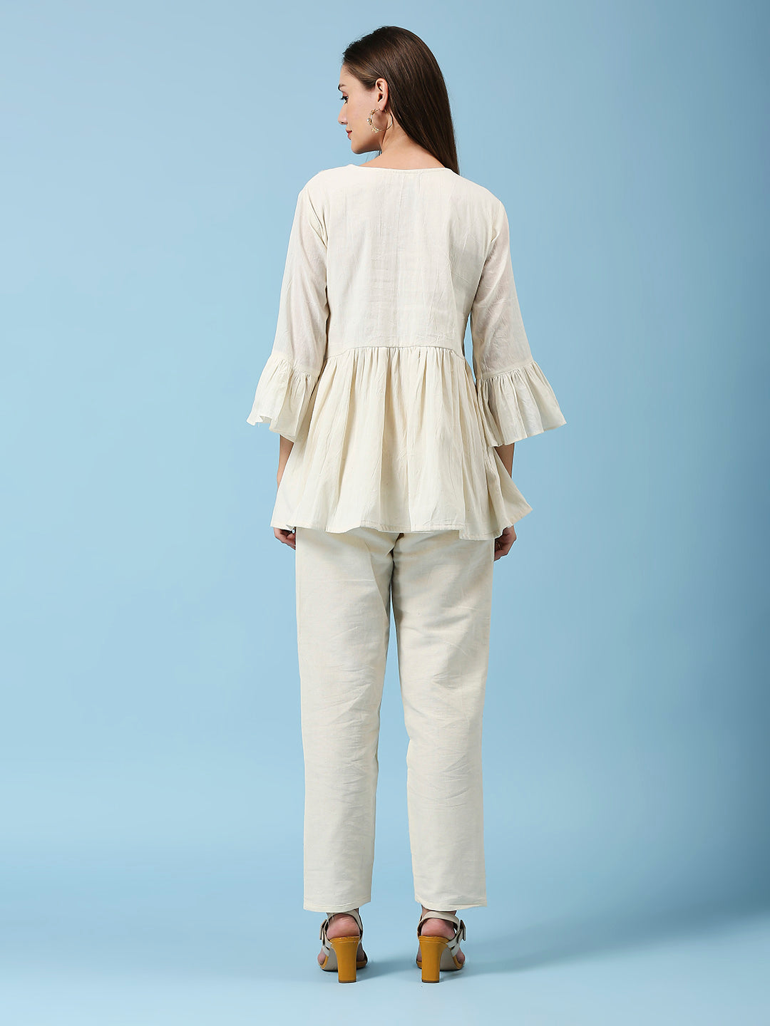 Embroidered Thread Work Pleated Bell Sleeves Pure Cotton Tunic With Pant