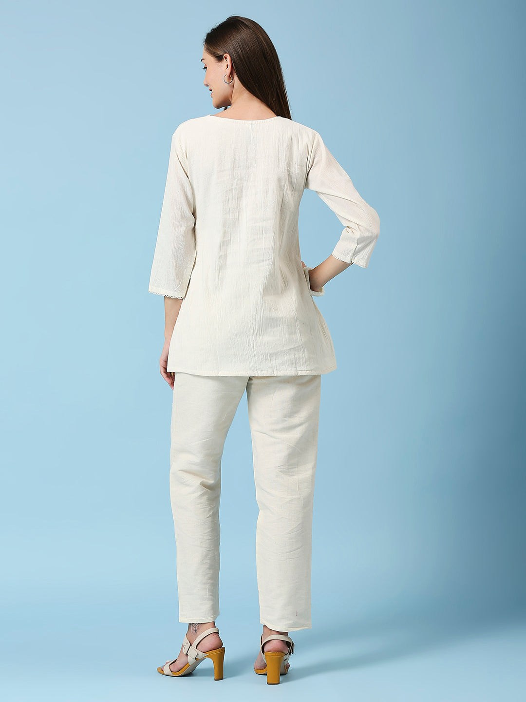 Floral Embroidered V-Neck Pure Cotton Tunic With Pant