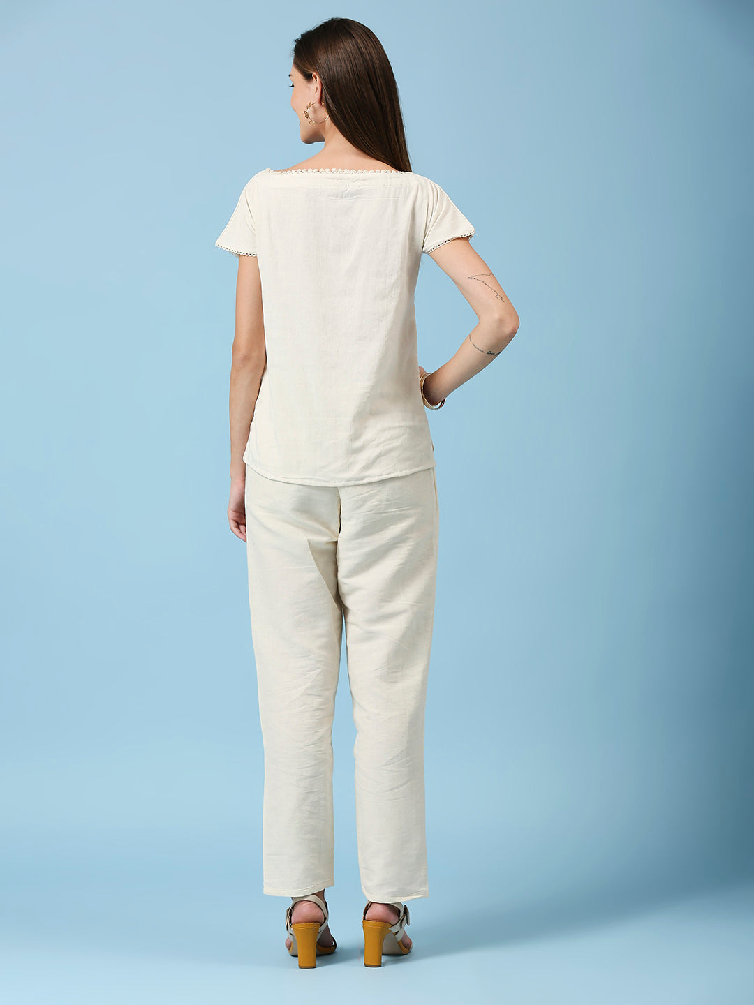 Embroidered Pocket Detailing Pure Cotton Straight Top With Pant