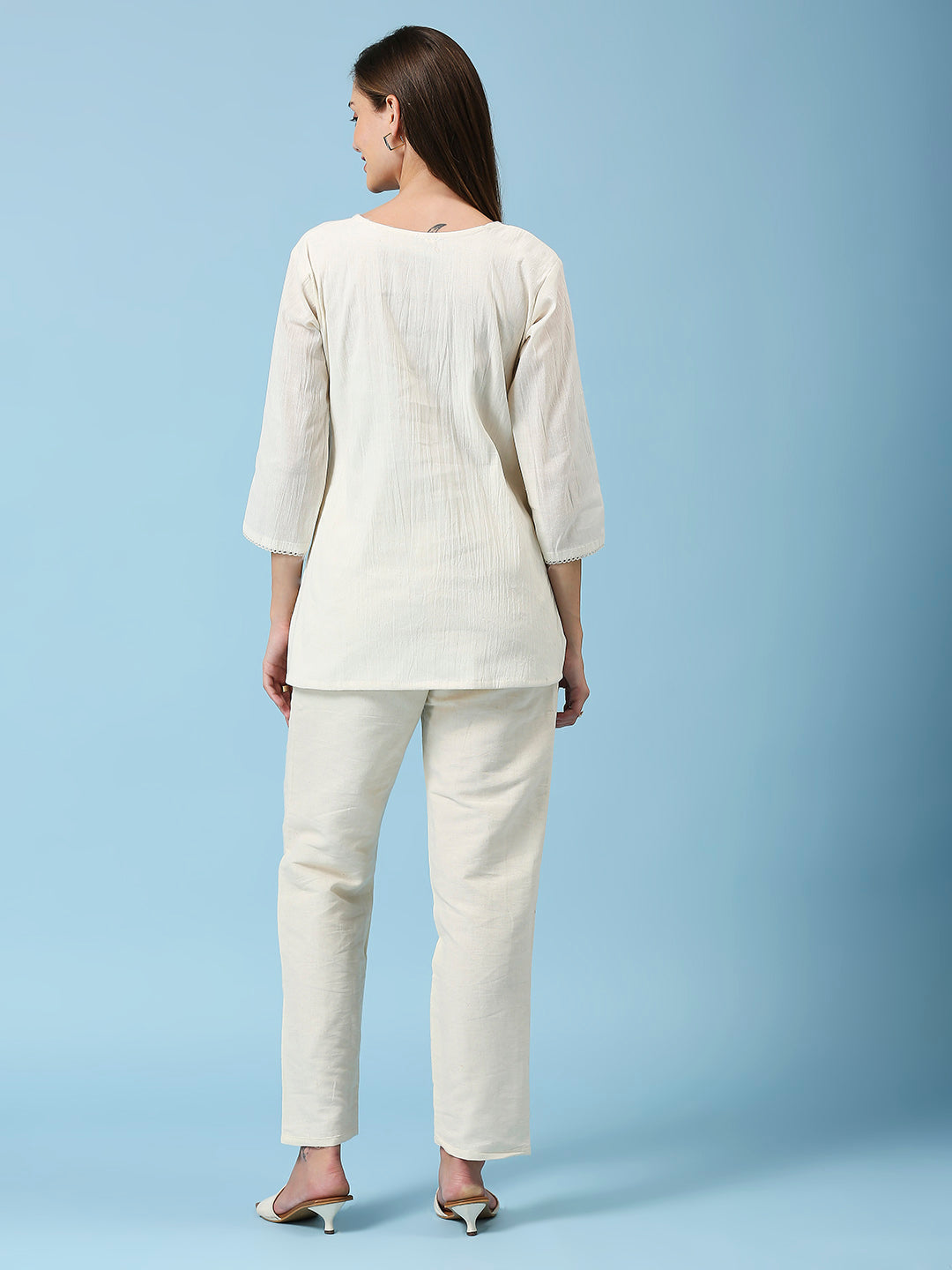 Embroidered Round Neck Top & Pant Khadi Cotton Co-Ords