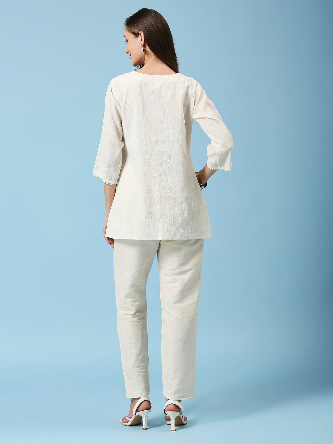 Floral Embroidered Round Neck Top & Pant Pure Cotton Co-Ords