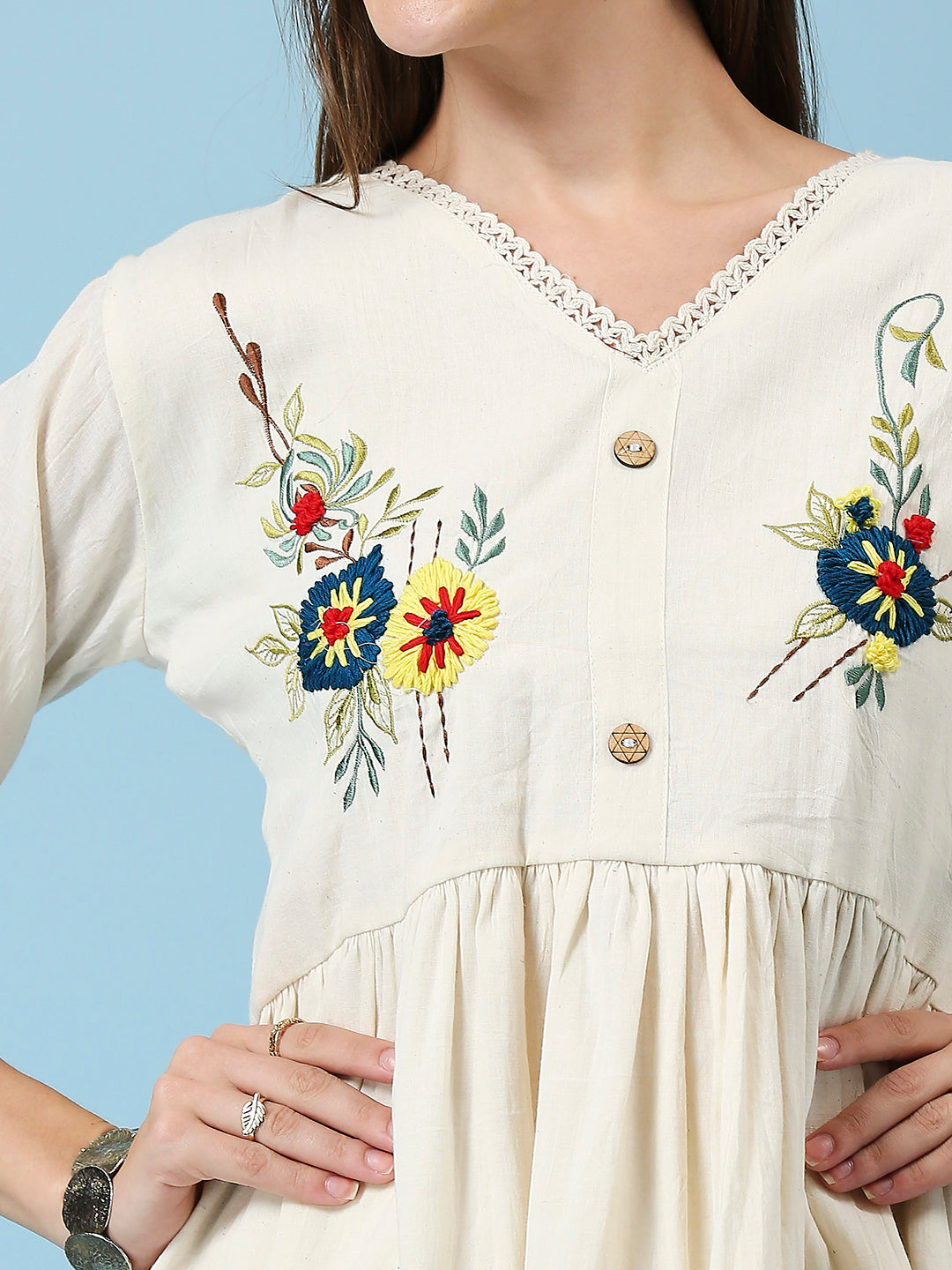 FLORAL EMBROIDERY V-NECK TUNIC WITH PANT CO-ORDS SET