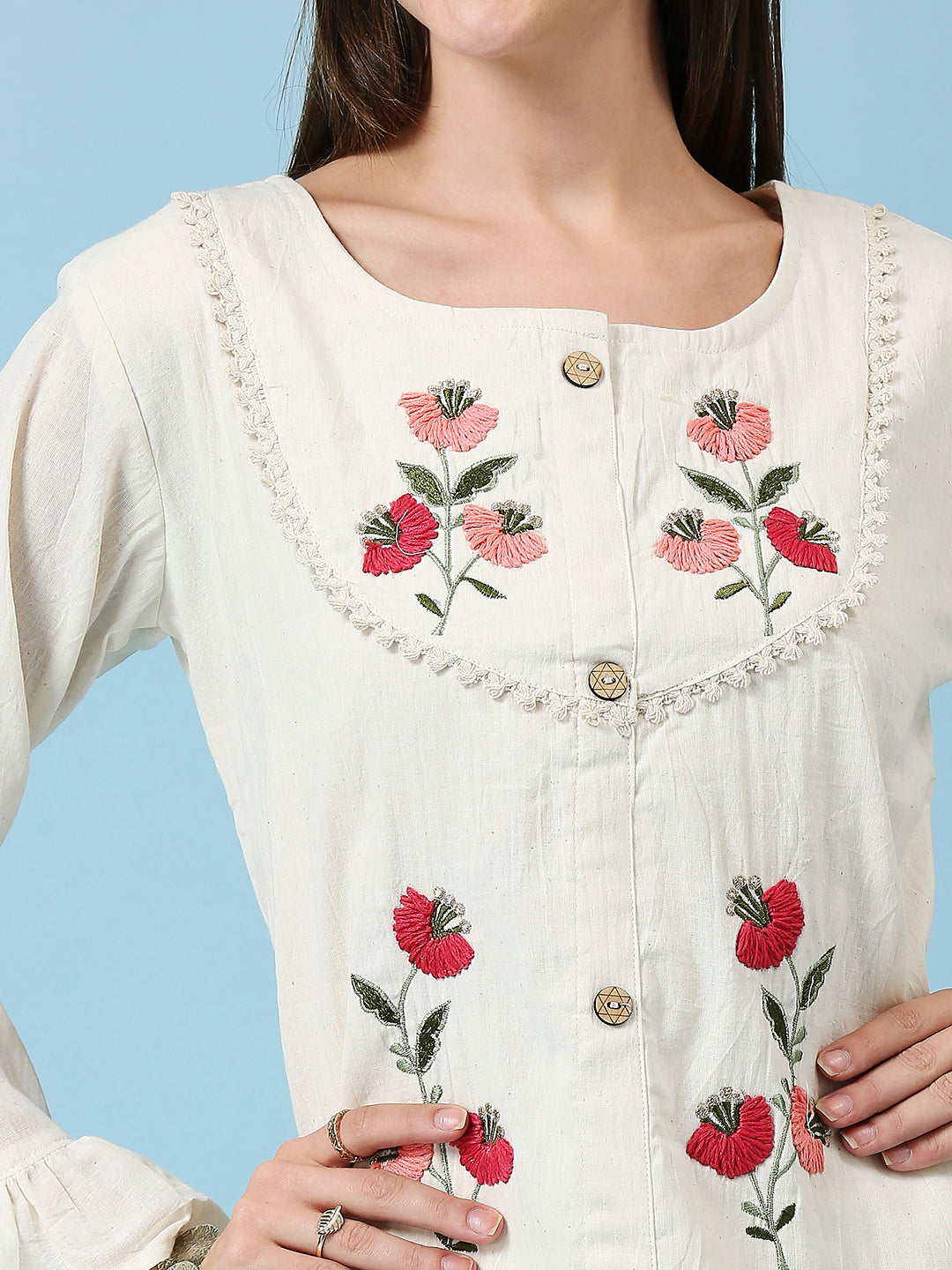 Floral Embroidered Bell Sleeves Pure Cotton Top & Pant Co ords set