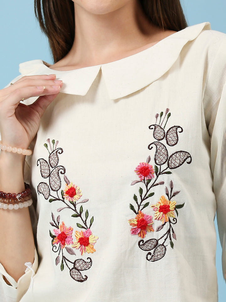 Floral Embroidered Peter Pan Collar Pure Cotton Top & Pant