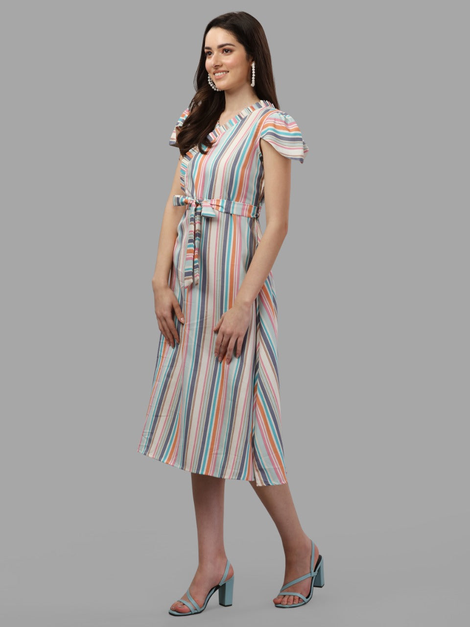 MULTI COLOUR STRIPED, BOW WITH FANCY SLEEVE DRESS-CREAM