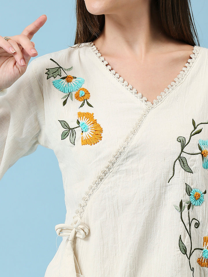 Floral Embroidered V-Neck Pure Cotton Tunic With Pant