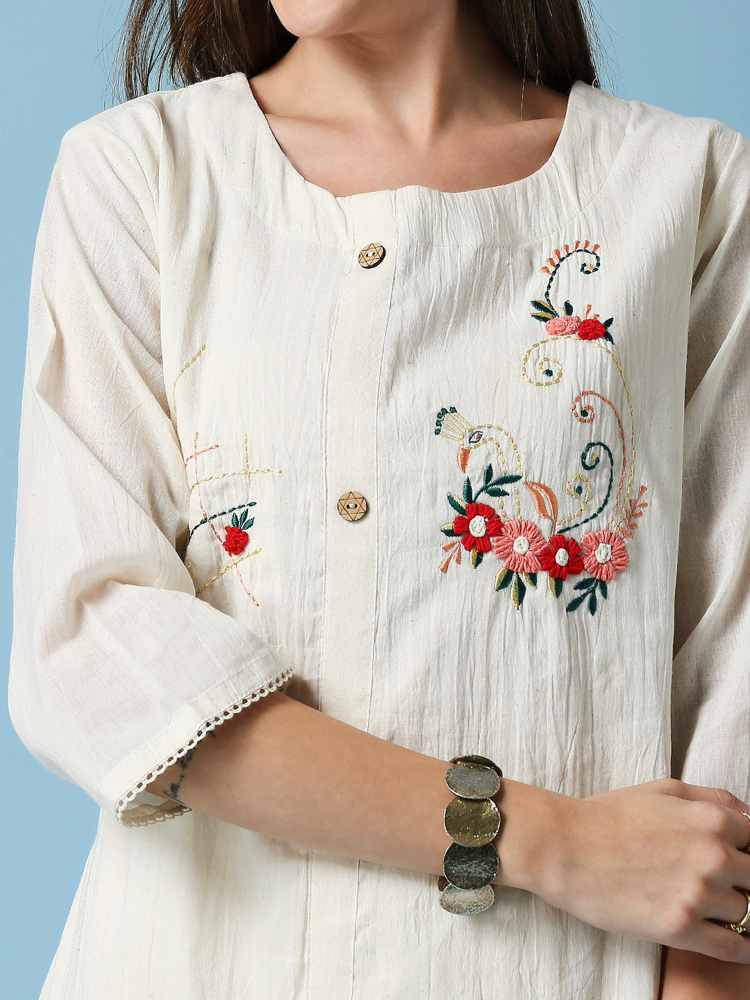 Floral Embroidered Round Neck Top & Pant Pure Cotton Co-Ords