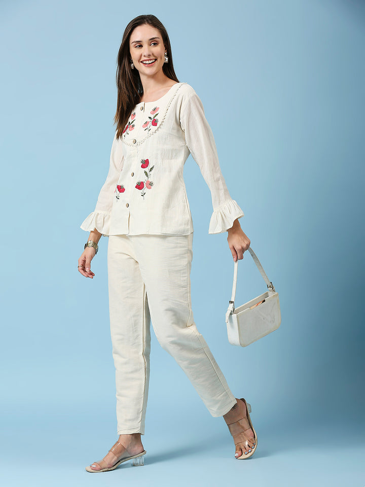 Floral Embroidered Bell Sleeves Pure Cotton Top & Pant Co ords set