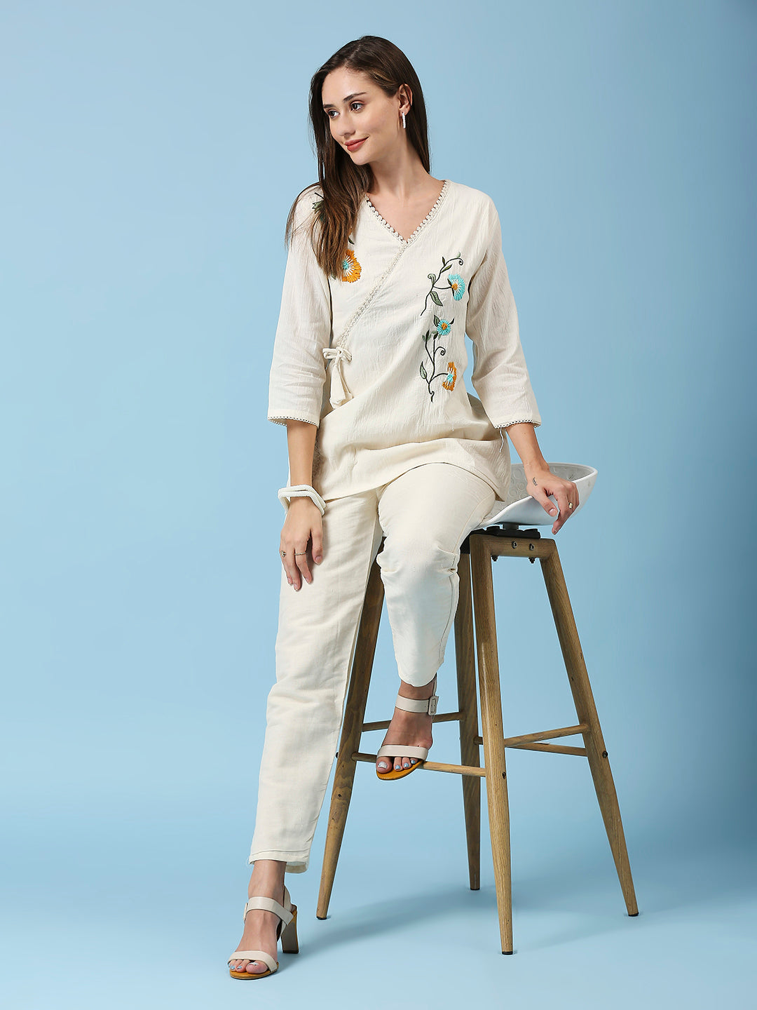 Floral Embroidered V-Neck Pure Cotton Tunic With Pant