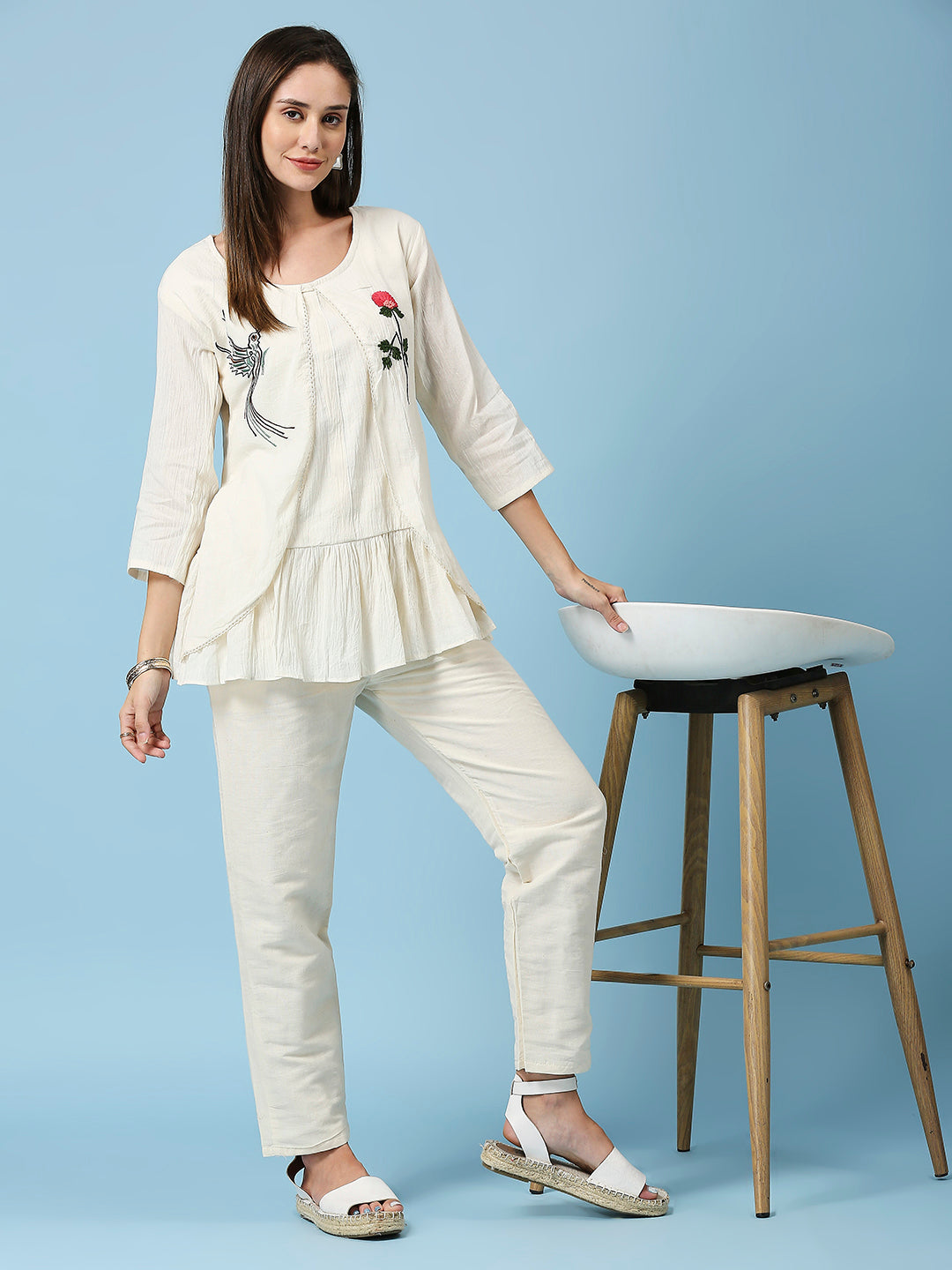 Embroidered Round Neck Tunic & Pant Pure Cotton Co-Ords