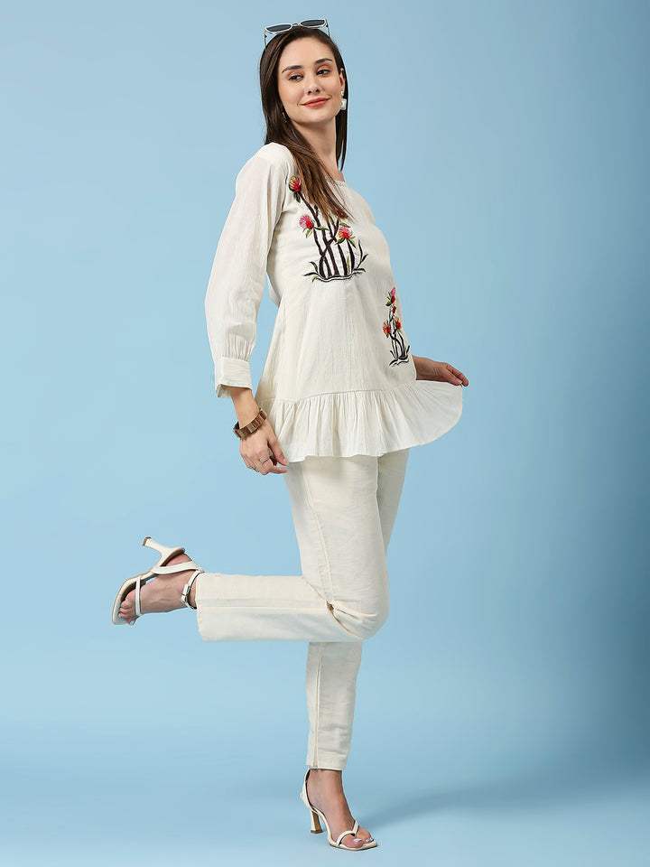 Floral Embellished Round Neck Pure Cotton Tunic Pant Set