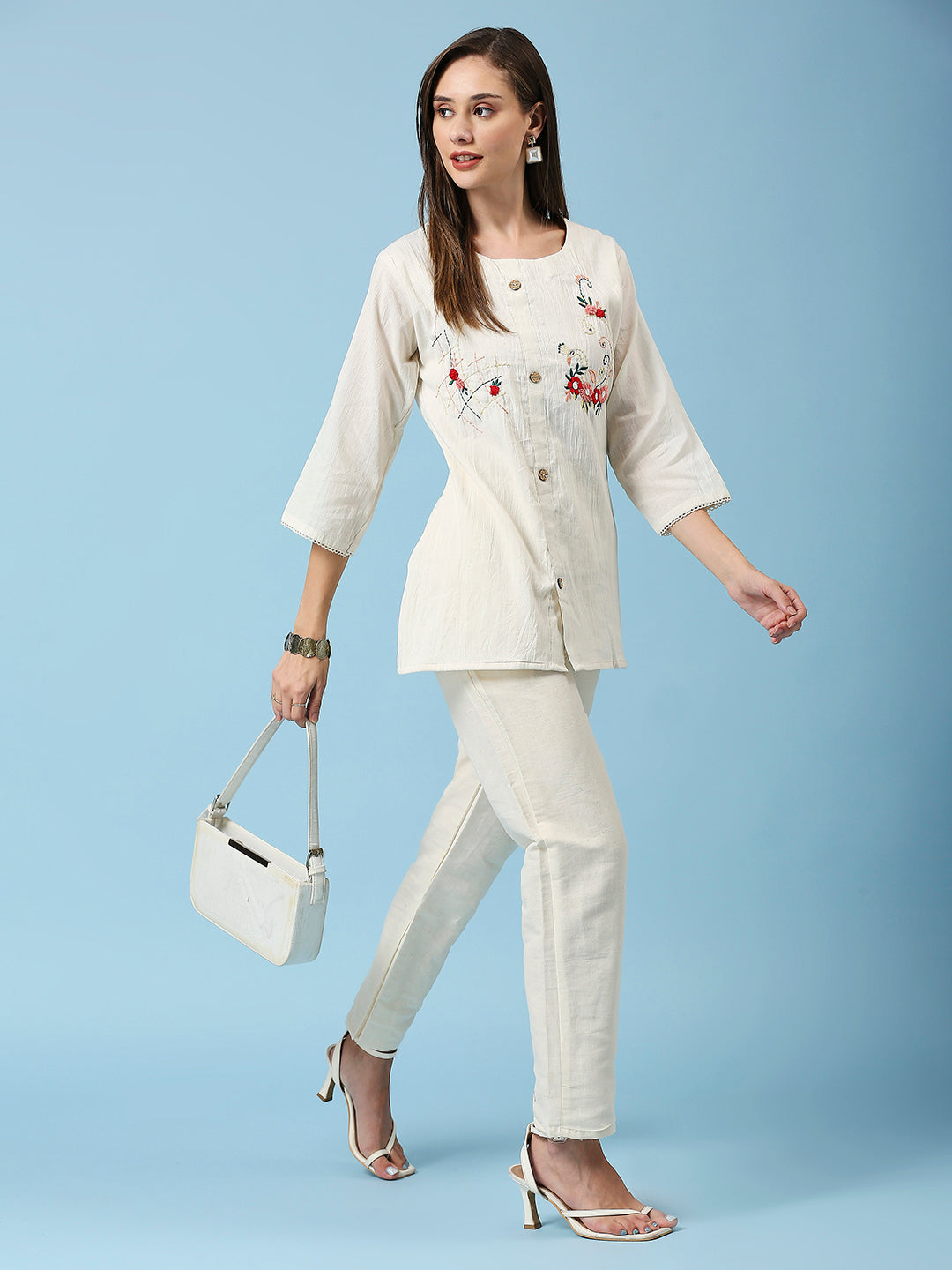 Floral Embroidered Round Neck Top & Pant Pure Cotton Co-Ords