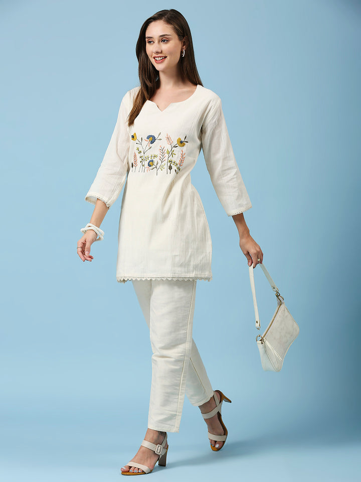 Floral Embroidered Round Neck Khadi Cotton Tunic & Pant Set