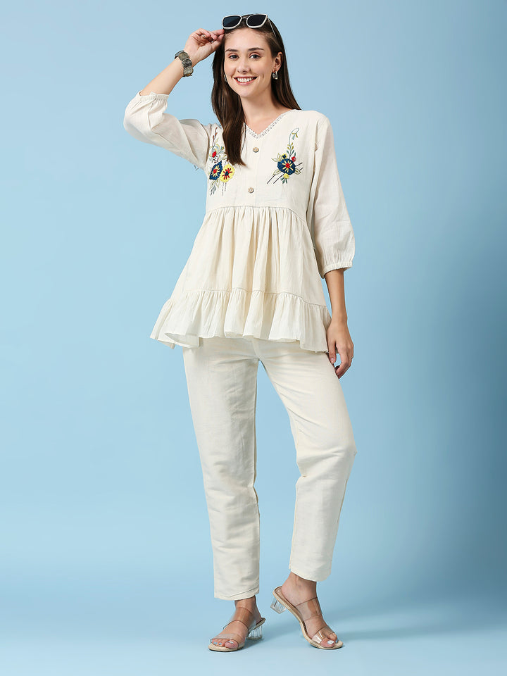 FLORAL EMBROIDERY V-NECK TUNIC WITH PANT CO-ORDS SET