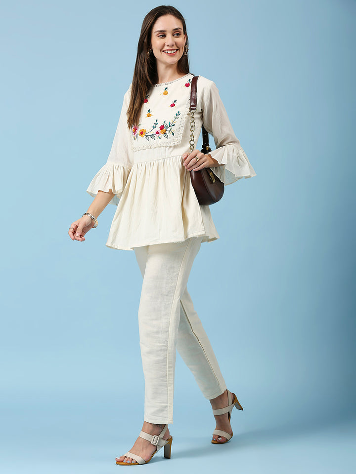 Embroidered Thread Work Pleated Bell Sleeves Pure Cotton Tunic With Pant