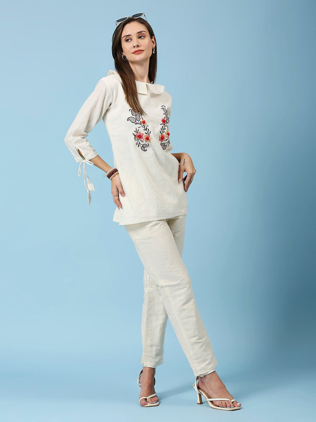 Floral Embroidered Peter Pan Collar Pure Cotton Top & Pant