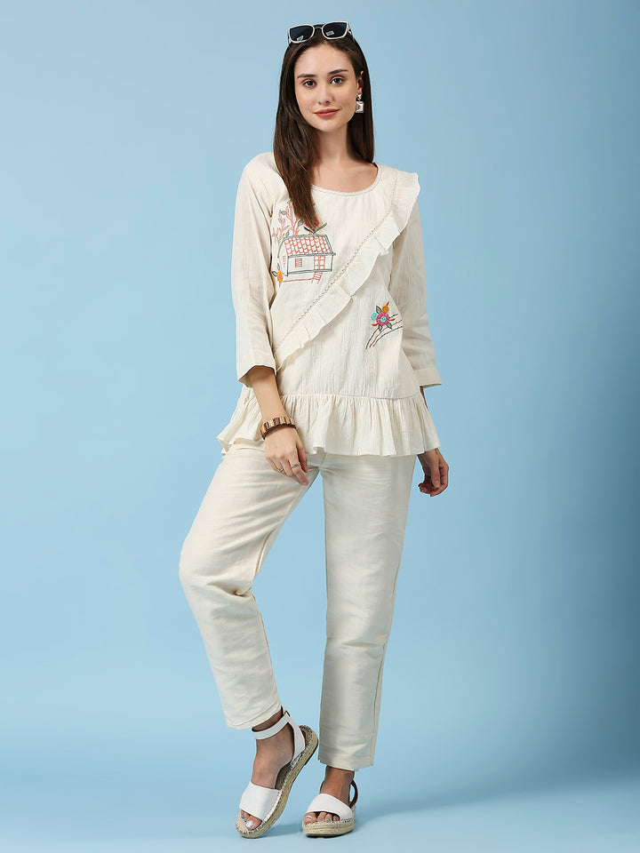 Embroidered Round Neck Top & Pant Khadi Cotton Co-Ords