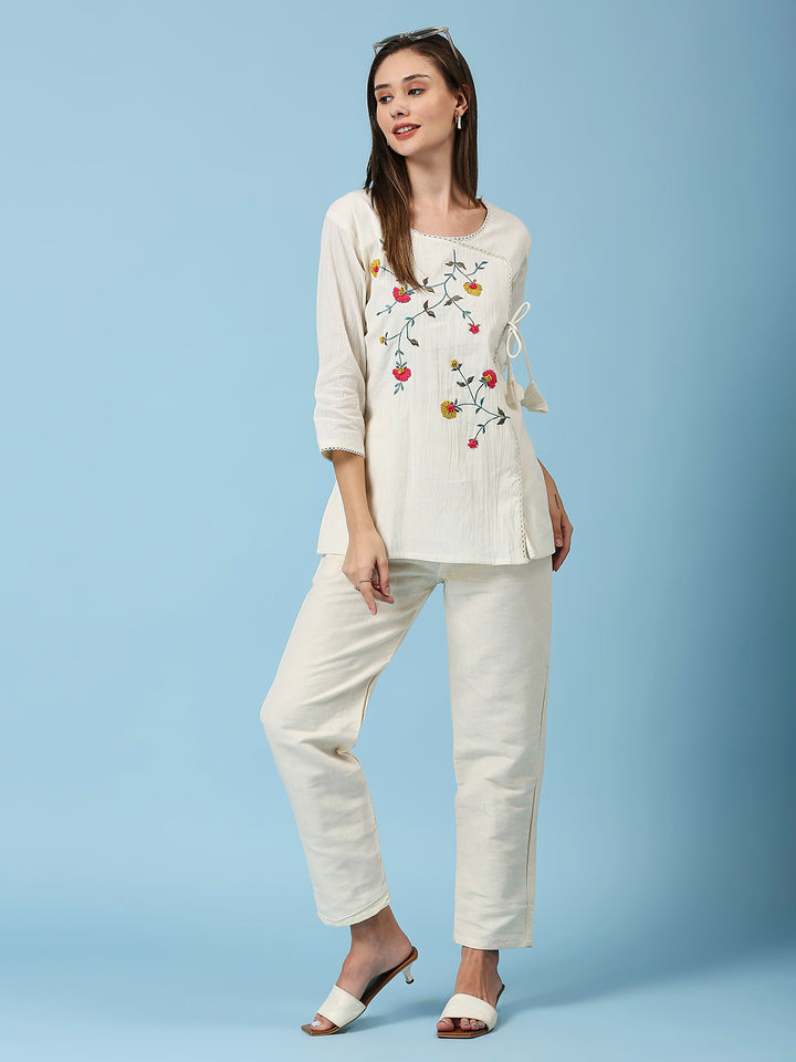 Embroidered Round Neck Top & Pant Khadi Cotton Co-Ords