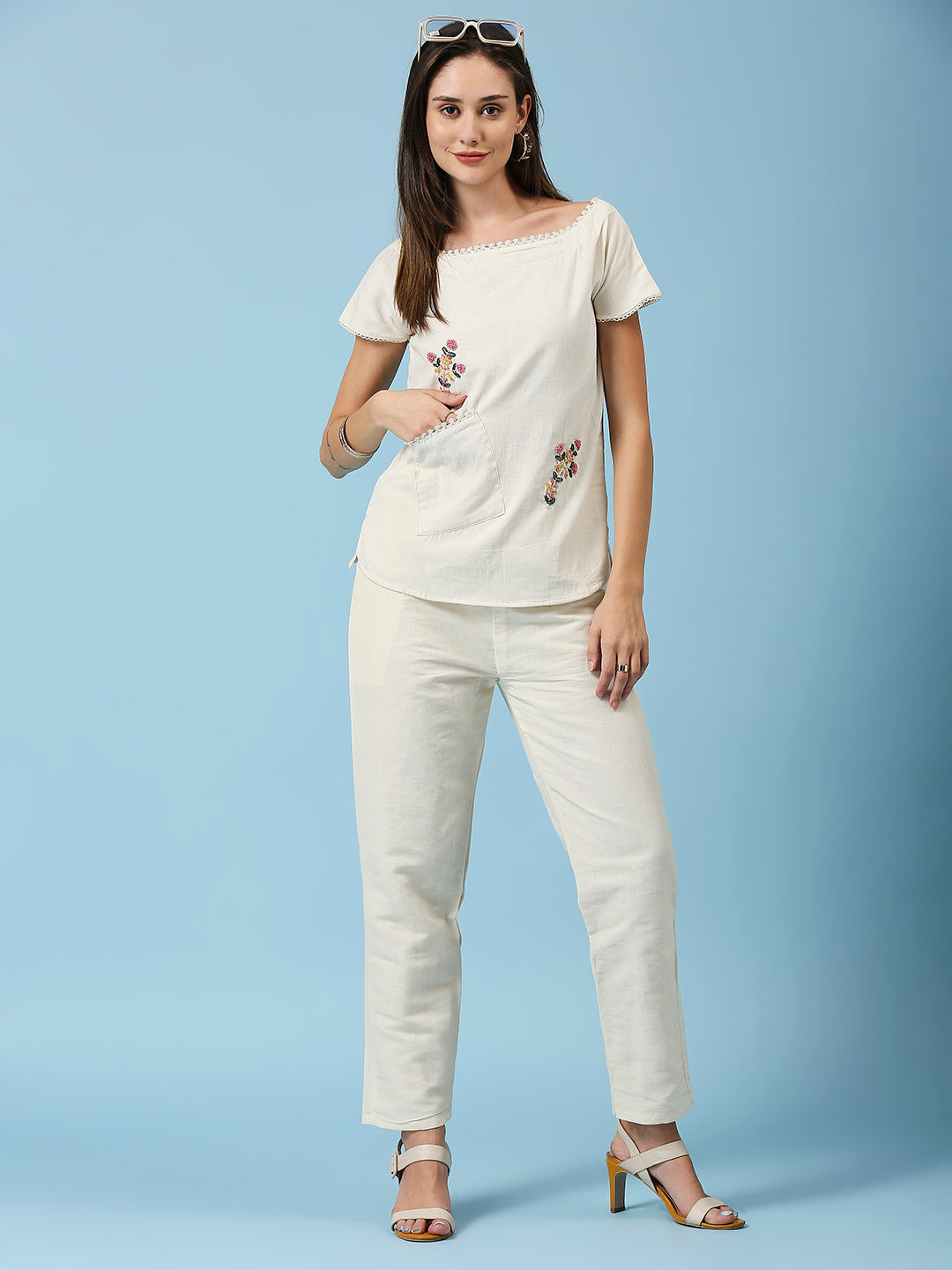 Embroidered Pocket Detailing Pure Cotton Straight Top With Pant