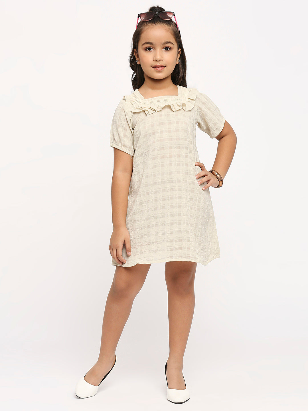 Checked Square Neck Georgette A-Line Dress