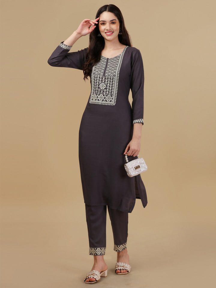 KURTI PANT SET WITH EMBROIDERY-DARK GREY