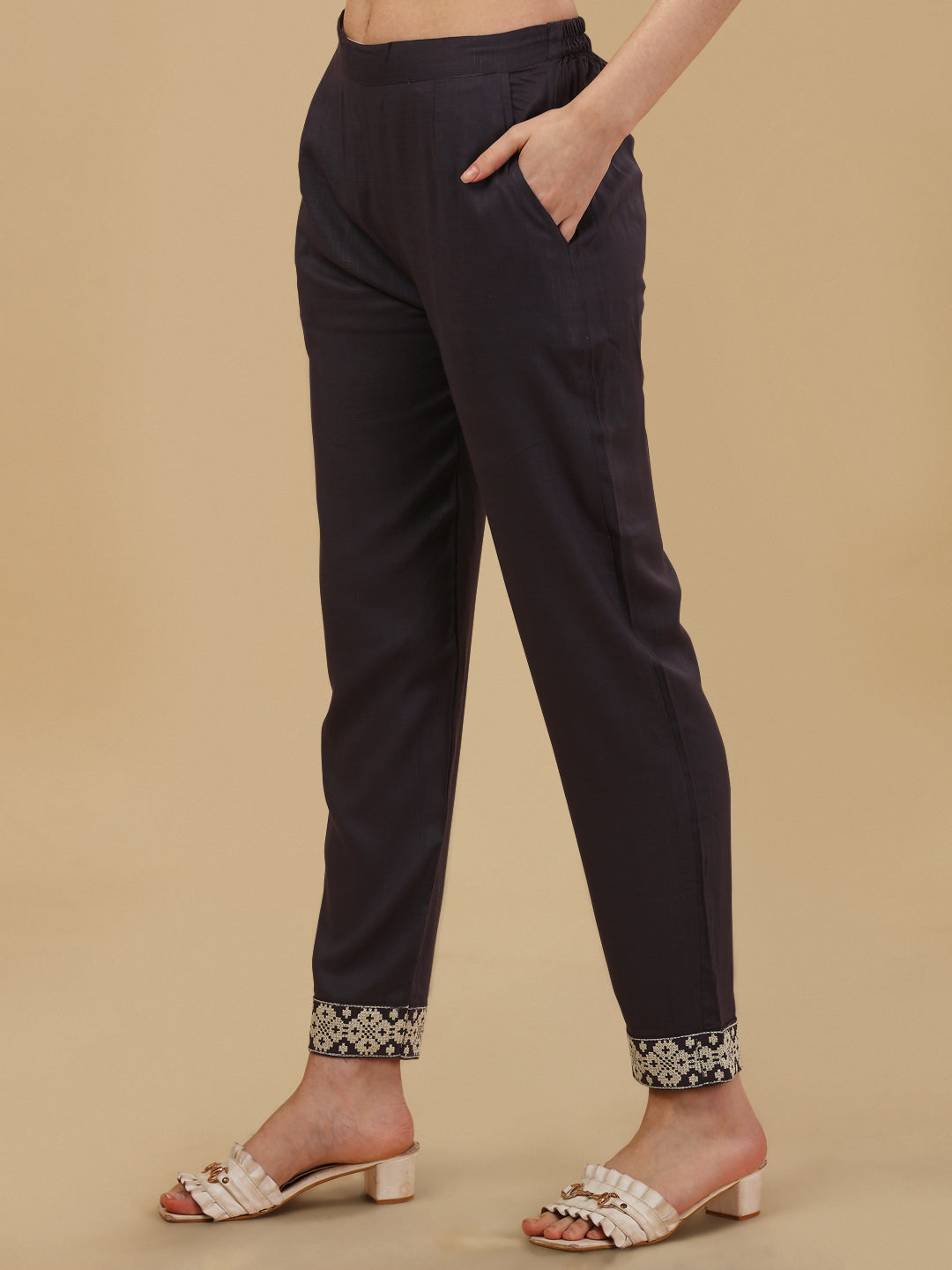 KURTI PANT SET WITH EMBROIDERY-DARK GREY