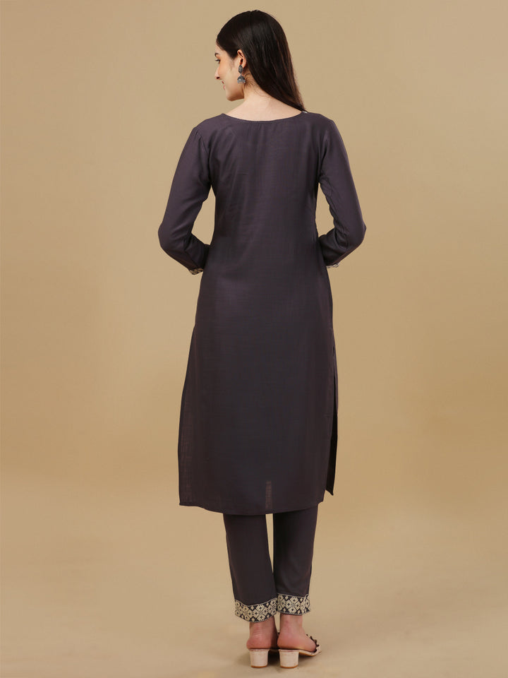 KURTI PANT SET WITH EMBROIDERY-DARK GREY