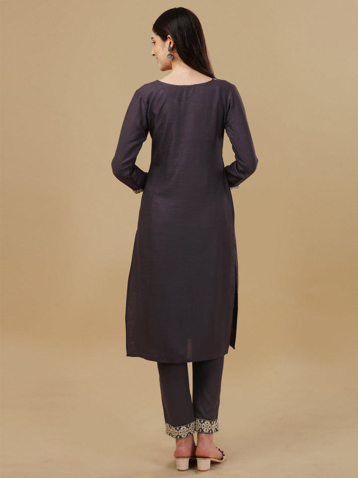 KURTI PANT SET WITH EMBROIDERY-NAVY BLUE