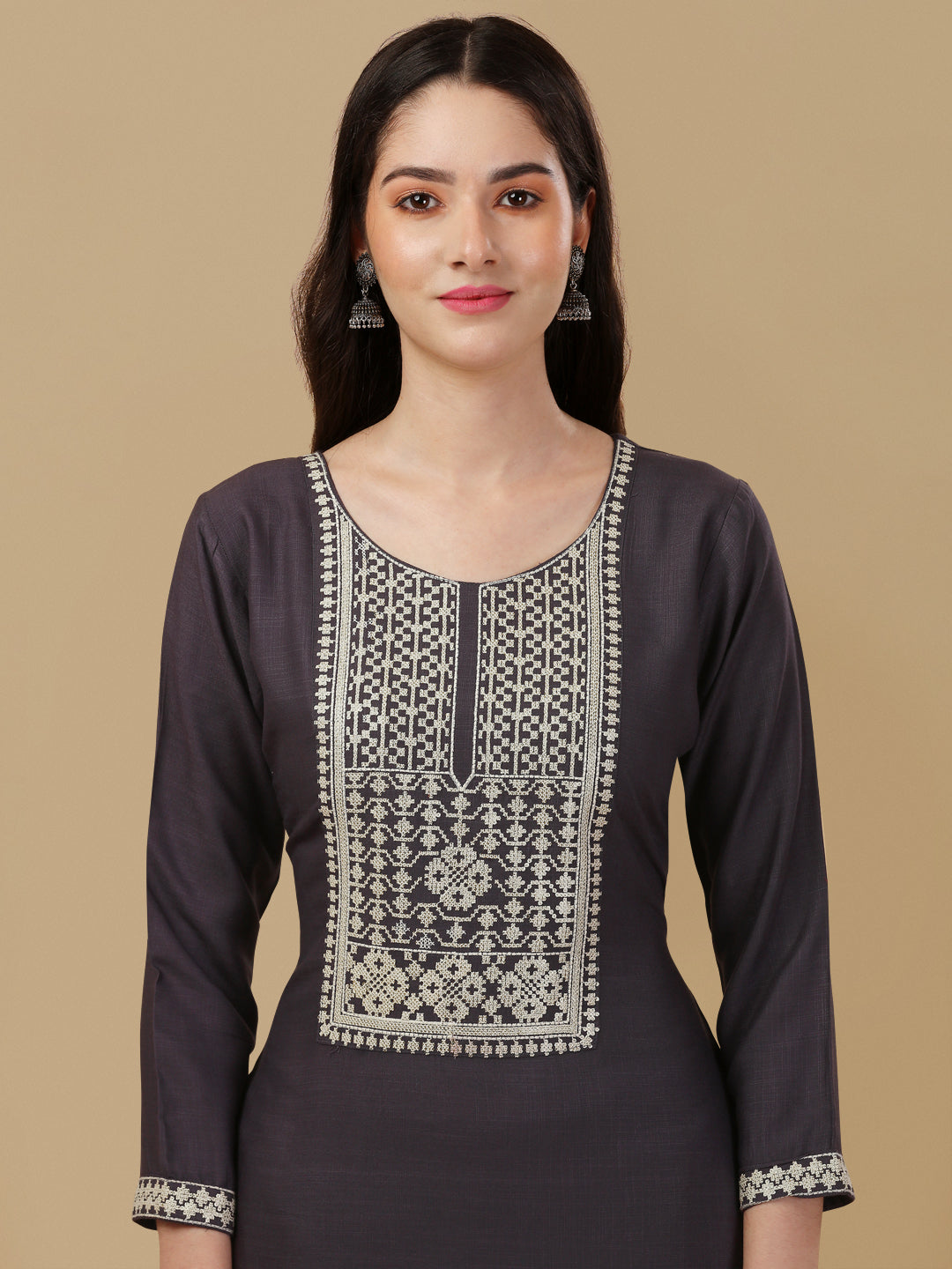 KURTI PANT SET WITH EMBROIDERY-DARK GREY