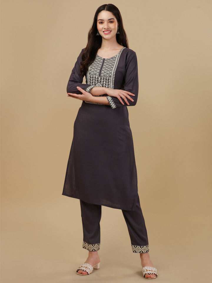 KURTI PANT SET WITH EMBROIDERY-DARK GREY