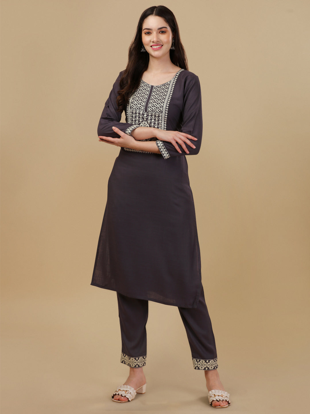 KURTI PANT SET WITH EMBROIDERY-NAVY BLUE