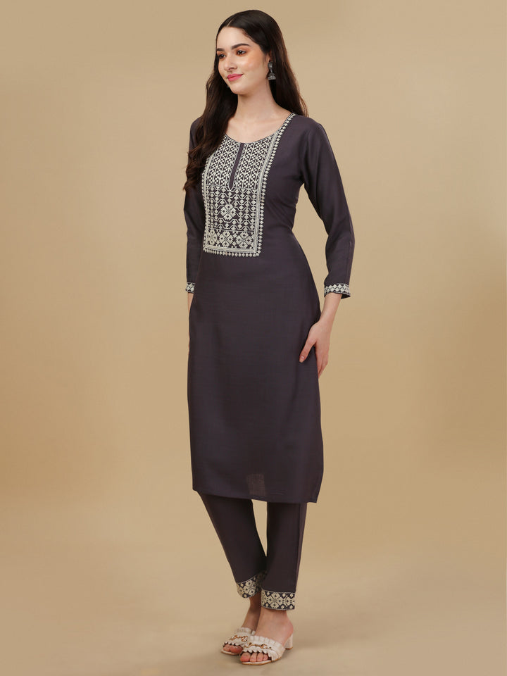 KURTI PANT SET WITH EMBROIDERY-DARK GREY