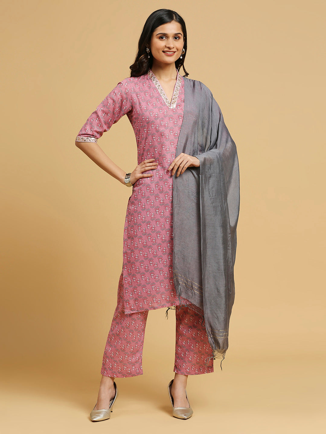 Embroidered Cotton Kurti, Pant, and Dupatta Set