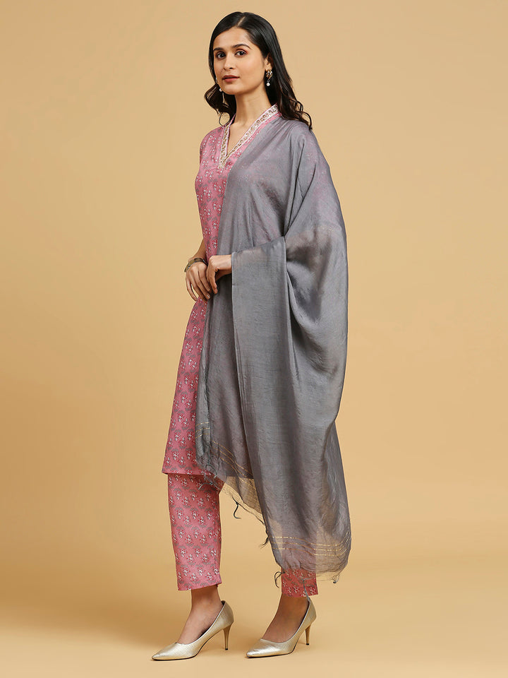 Embroidered Cotton Kurti, Pant, and Dupatta Set