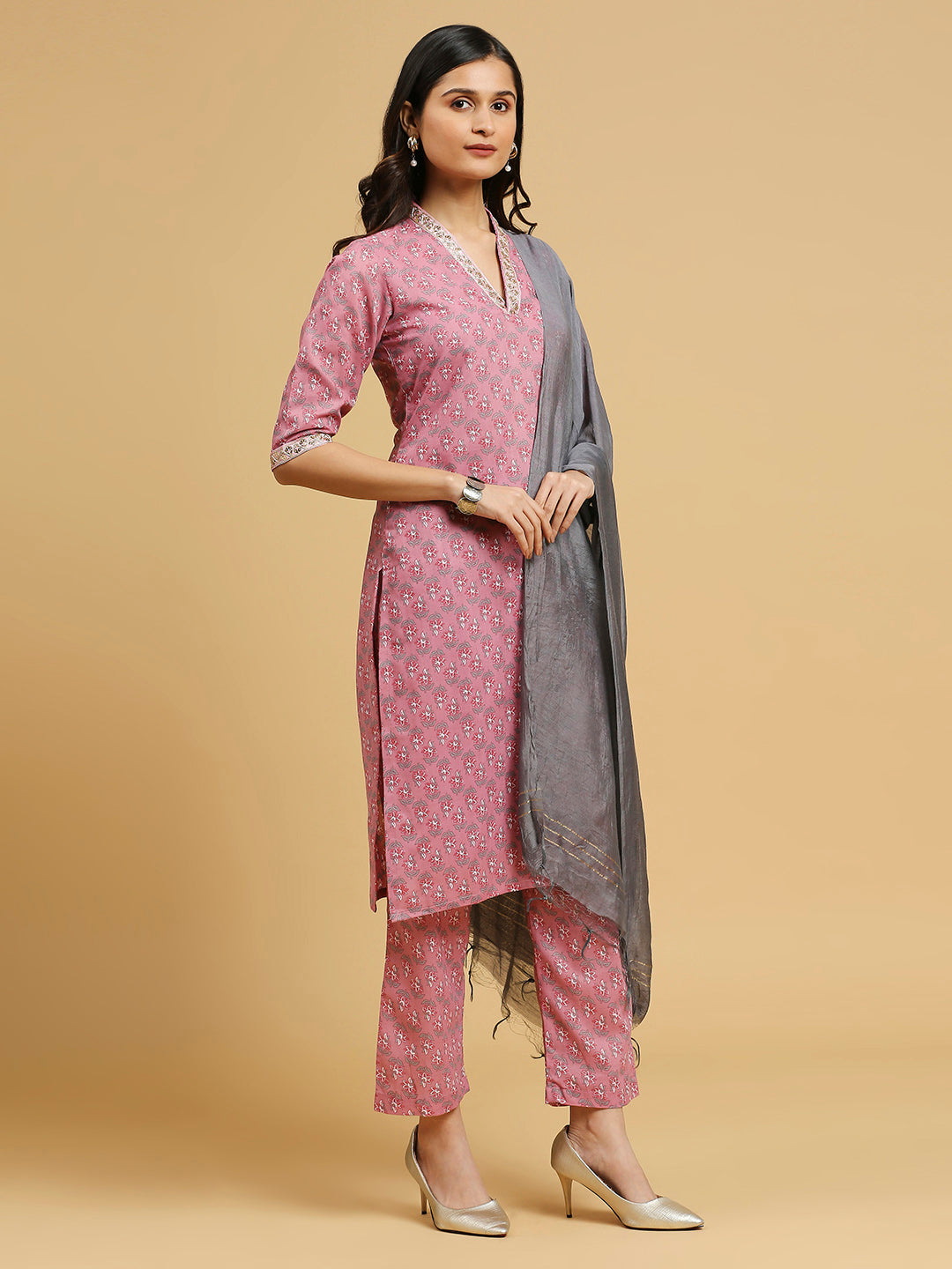 Embroidered Cotton Kurti, Pant, and Dupatta Set