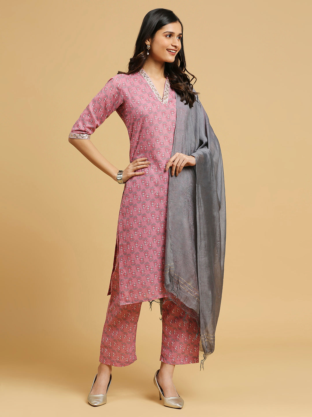 Embroidered Cotton Kurti, Pant, and Dupatta Set