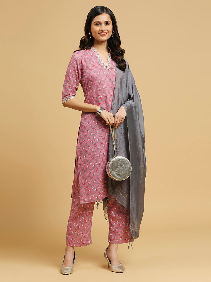 Embroidered Cotton Kurti, Pant, and Dupatta Set