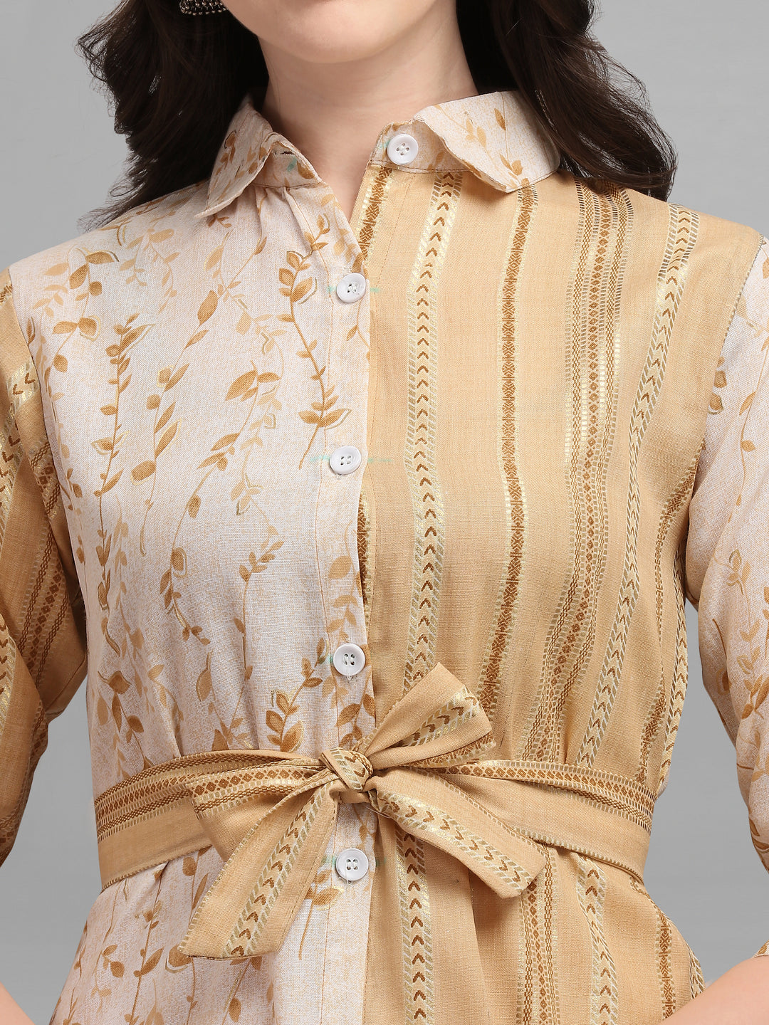 BEIGE SHIRT DRESS WITH TIE-UPS -GOLDEN