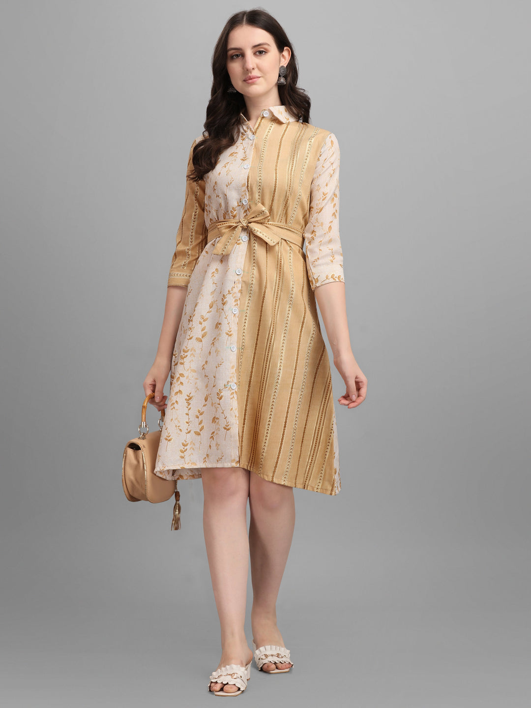 BEIGE SHIRT DRESS WITH TIE-UPS -PINK