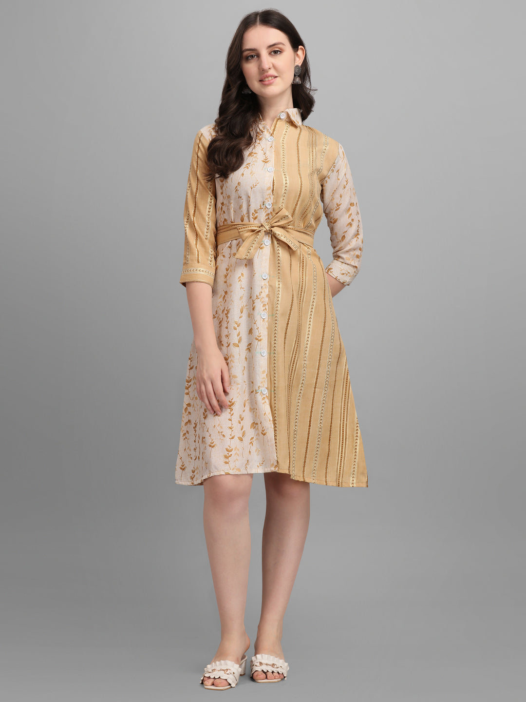 BEIGE SHIRT DRESS WITH TIE-UPS -GOLDEN