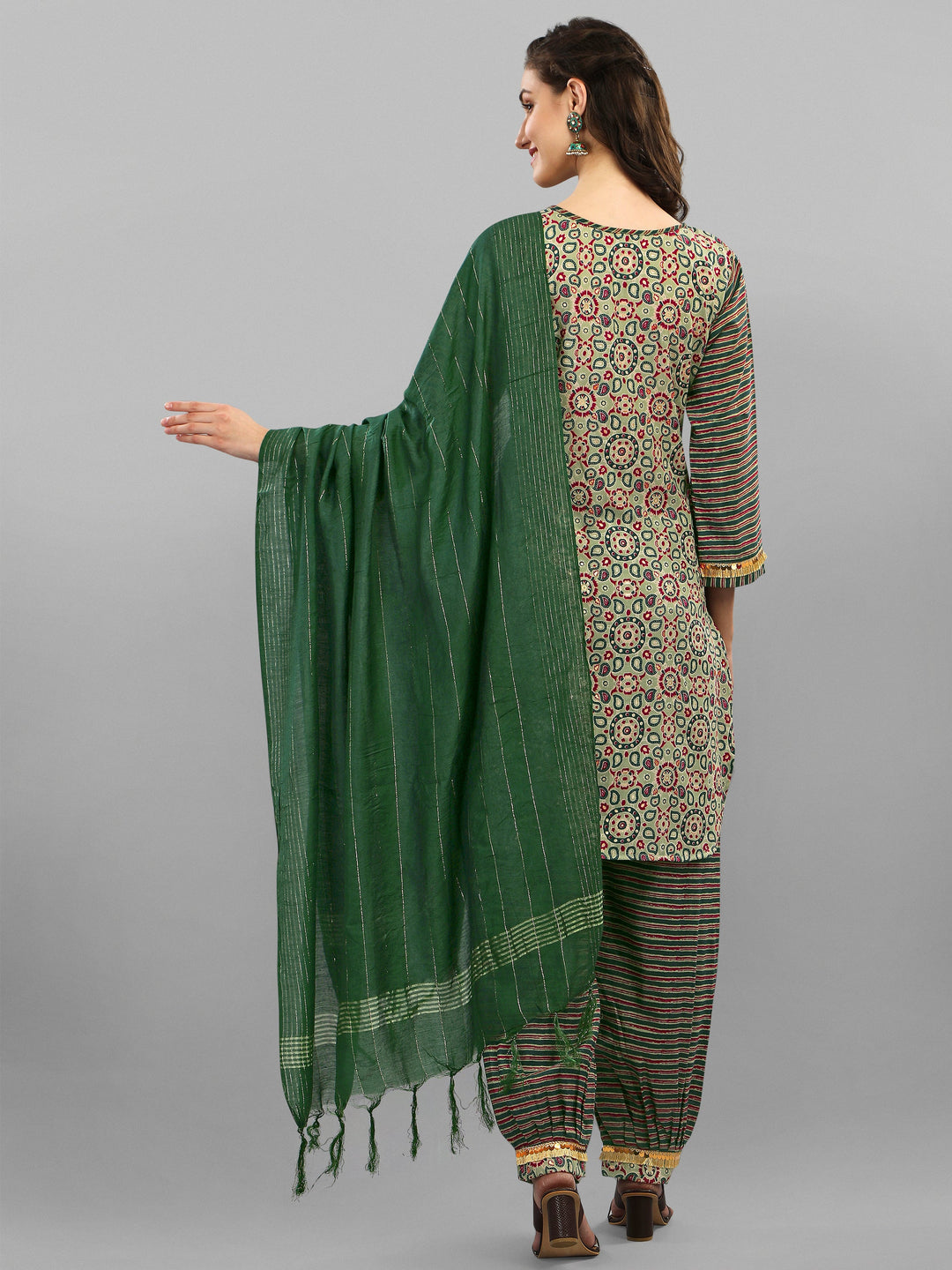 PRINTED KURTI, PANT & DUPATTA SET-GREEN