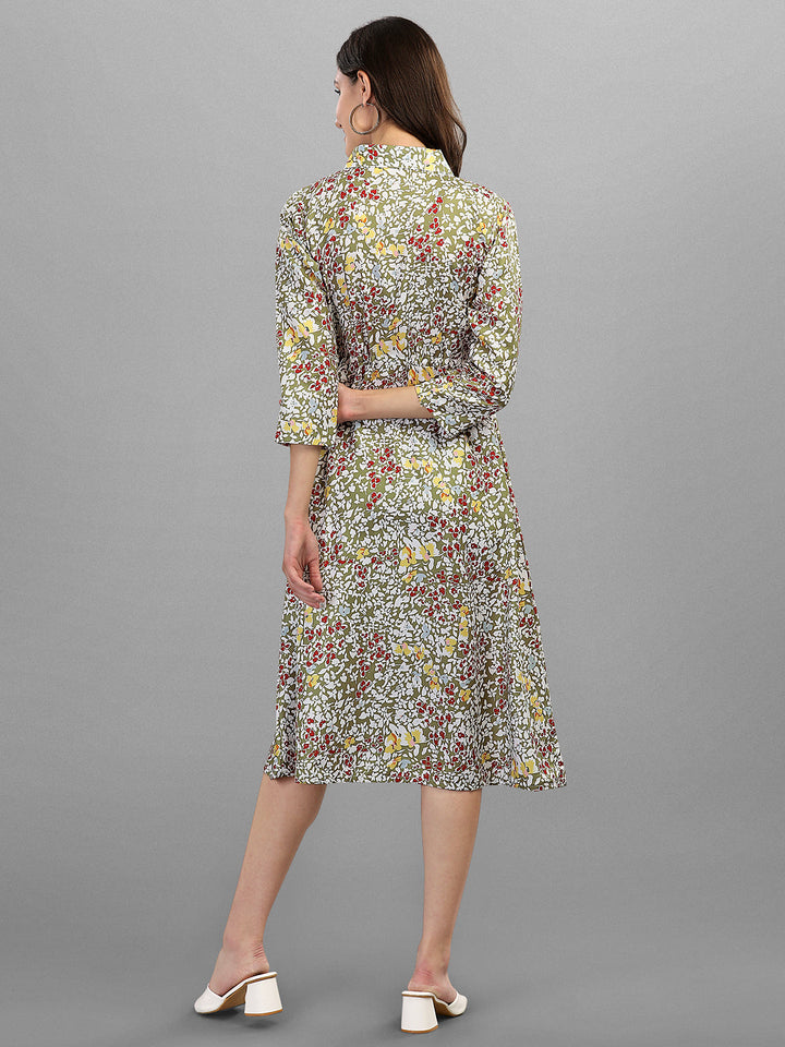 FLORAL PRINTED COLLAR MIDI DRESS -BROWN