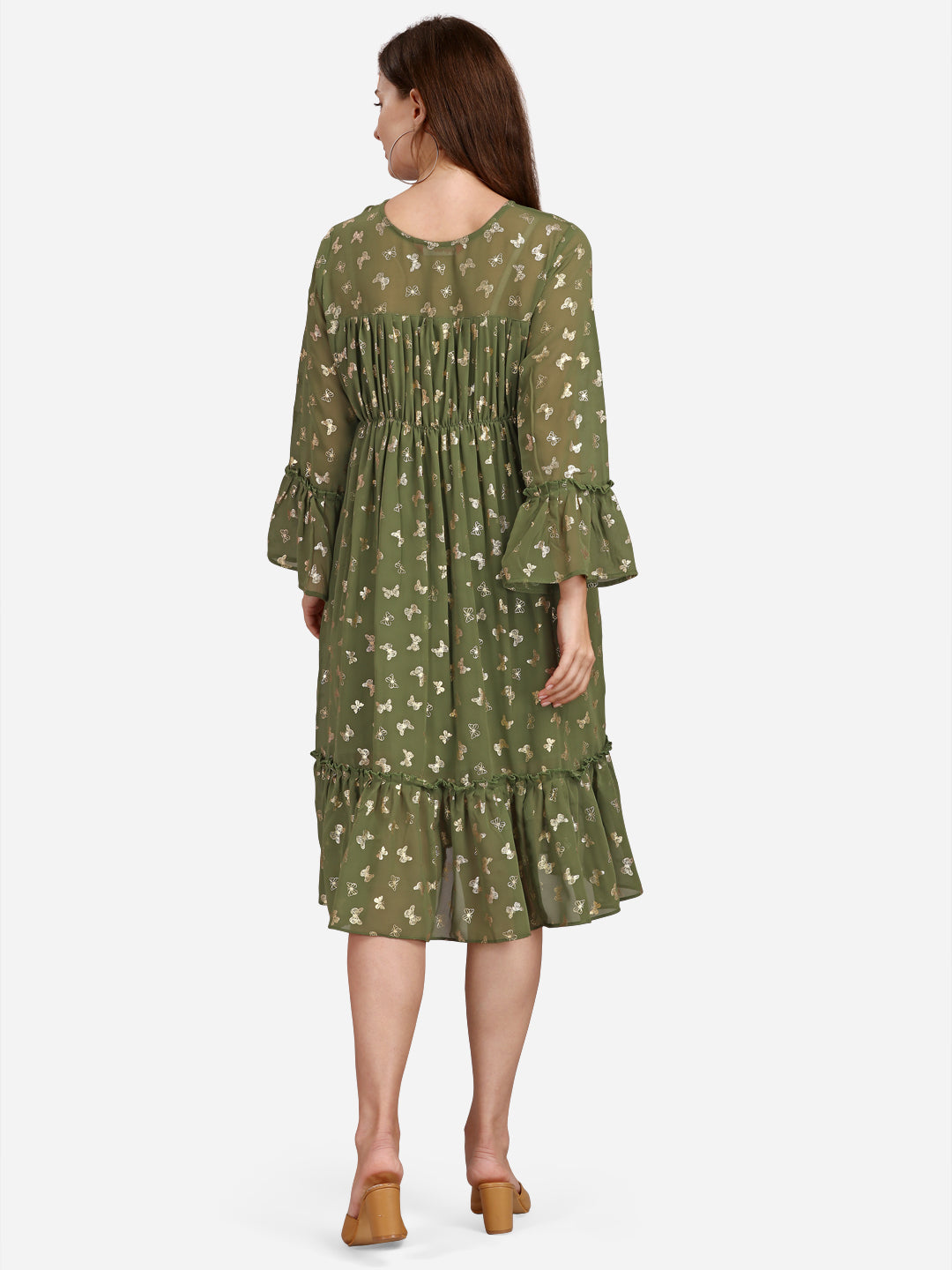 FLORAL GEORGETTE EMPIRE MIDI DRESS - GREEN