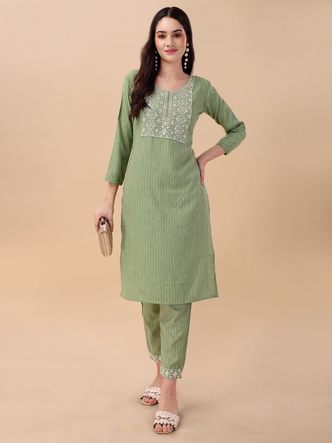 STRIPED PRINTED KURTI PANT SET-WINE