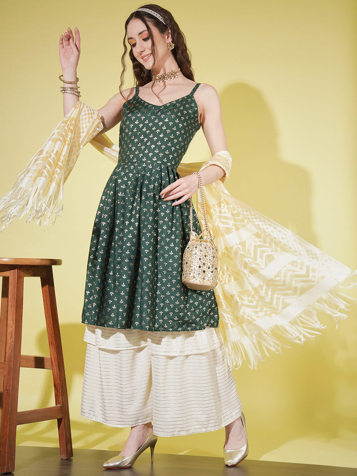 SHARARA KURTI SET WITH SWEET HEART NECK-GREEN