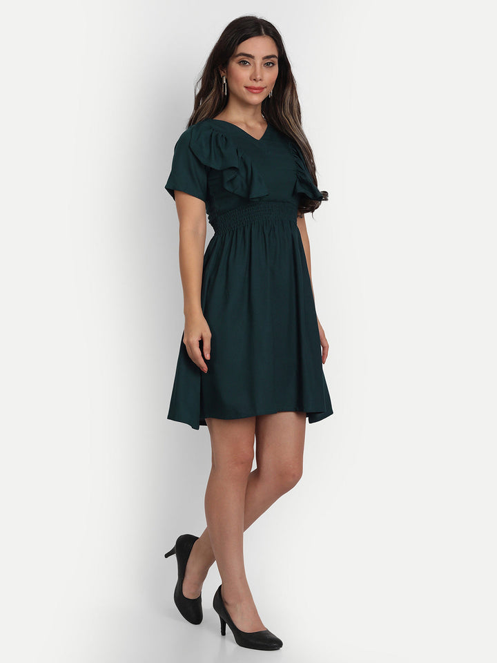 SOLID SHORT DRESS WITH RUFFLE-WINE