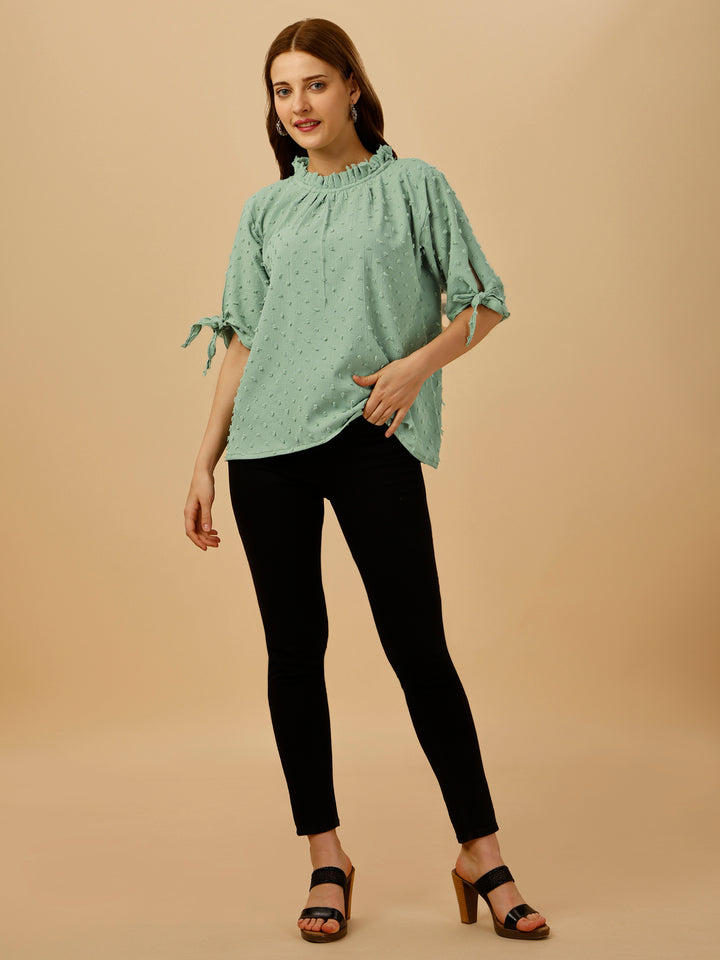 RUFFLE NECK PASTEL TOP-GREEN