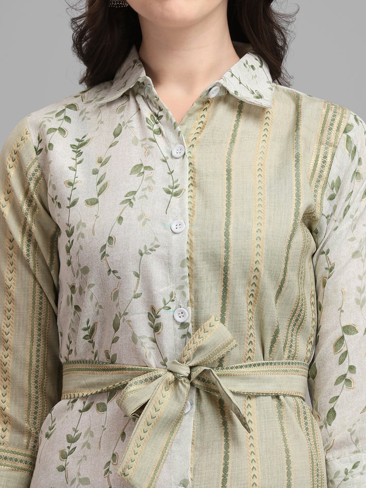 BEIGE SHIRT DRESS WITH TIE-UPS -GREEN