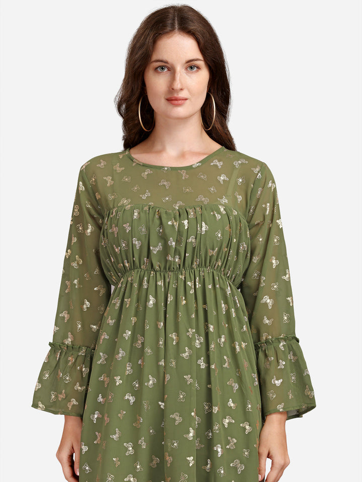 FLORAL GEORGETTE EMPIRE MIDI DRESS - GREEN